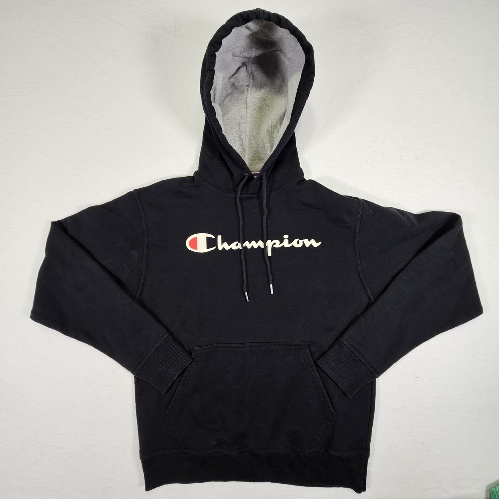 Champion Hoodie Powerblend Mens Medium‎ M Script Logo Black GF89H Fleece